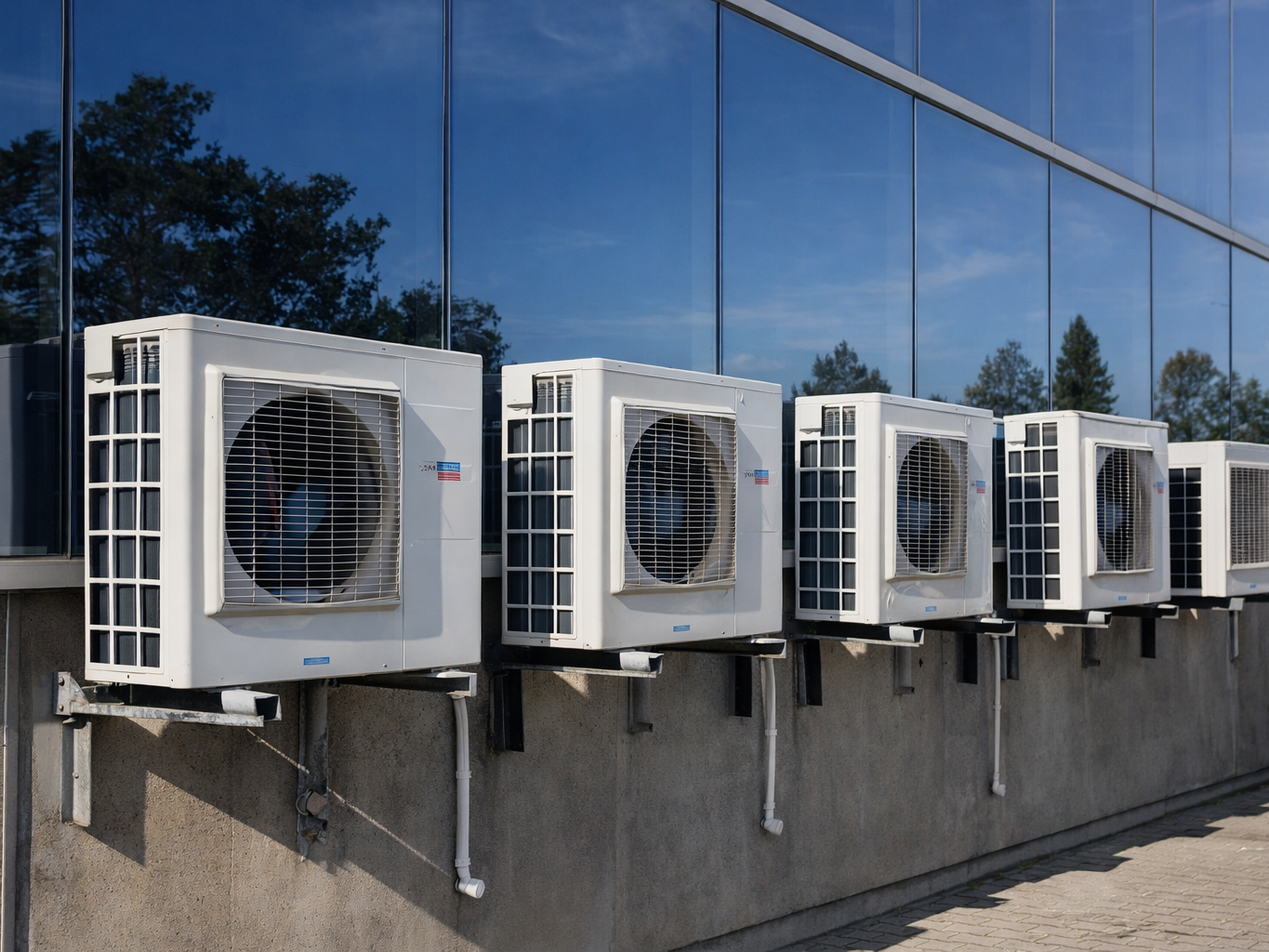 Airconditioners en warmtepompen aan gevel van gebouwinstallatie