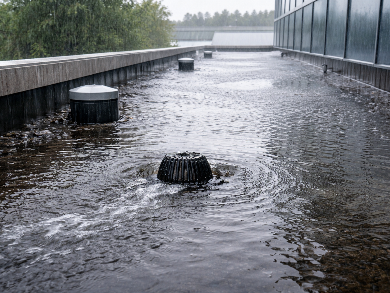 Extreme regenval op plat dak met waterafvoer en dakdrain