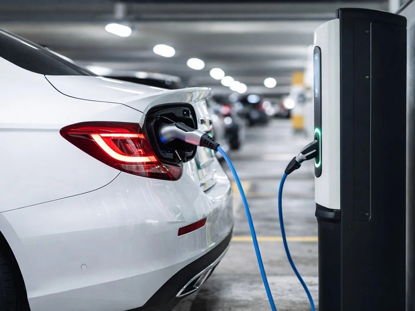 Elektrische auto die oplaadt aan laadpaal in parkeergarage