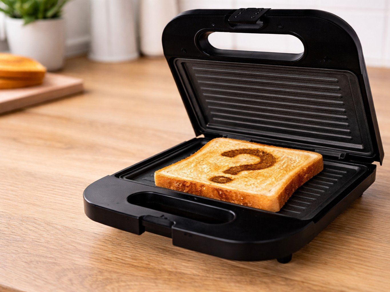 Tosti-ijzer met boterham met vraagteken als symbool voor keuren van privé-apparaten